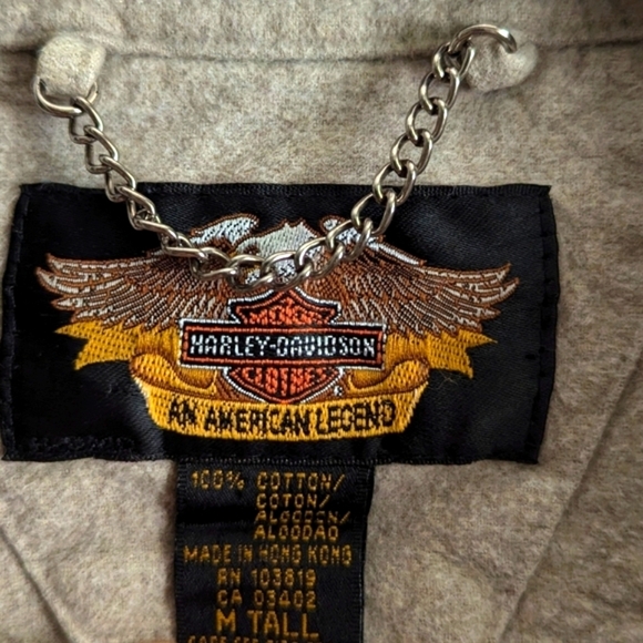 Harley Davidson Tan 100% Cotton Fleece Metal Snap Button Down Medium Tall Beige - Picture 8 of 8